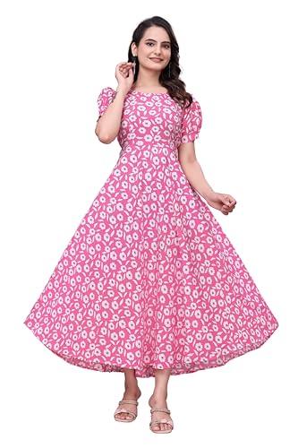 Image of Women's A-Line Crepe Maxi Dress | Stylish Fit and Flare Dress with Round Neck Short Puff Sleeves for Casual Wear