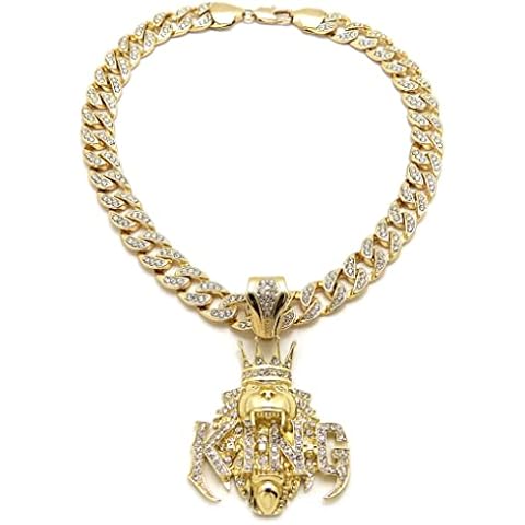MAXBLING81 Gold Plated King Crown Lion Pendant & 10mm 18" 20" 24" Iced Cuban Chain Lab Diamond Hip Hop Jewelry Necklace (PENDANT & 18" CHAIN) Cover