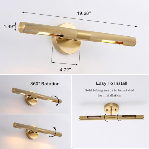 Image of Brushed Brass Picture Light 19 inches Modern Gold Wall Sconce with Knurled Texture Cylinder Metal Shades Rotatable 360Indoor Wall Lighting Fixture Bathroom Vanity Light Bedroom Living Room