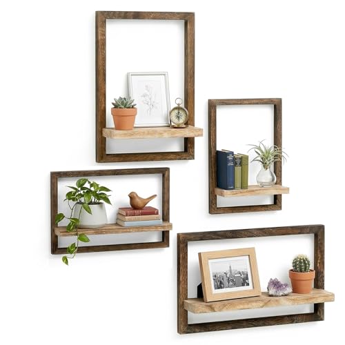 OFFASST Set de 4 Estantería de Pared – Repisas Flotantes de Madera Maciza para Libros y Decoración – Baldas Pared para Salón, Dormitorio, Cocina – Estante Flotante Moderno (Marrón)