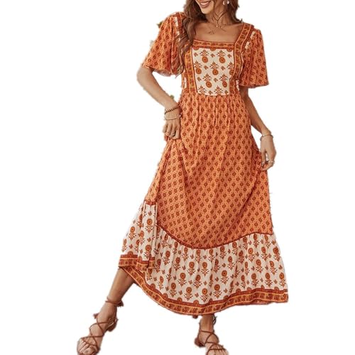 Robe longue bohème fleurie manches courtes bouffantes col carré dos nu