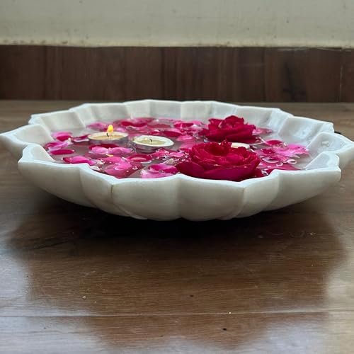 Image of Marble Urli Bowl for Decoration | Big Potpourri Decorative Bowls in Home decor | Large White Floating Flower Plates of Stone | Small Shape puja Item | (12 inch, Petal Glow)