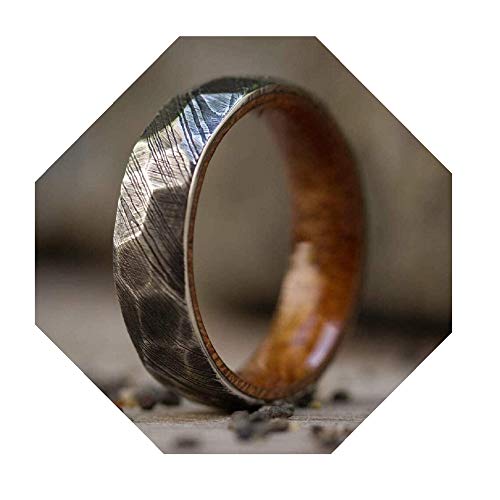 Ke-219-At Damascus Steel Ring Custom Handmade Damascus Ring Damascus Steel Hammer Textured Wood Inner Anniversary Ring Wedding Band Fathers Day Ring Damascus Ring Wedding Band Rings For Men (10) #TOP17