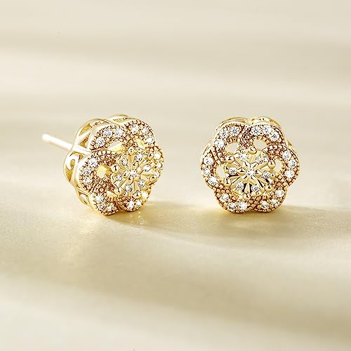14k Gold Stud Earrings for women Trendy, Flower-shaped Gold Earrings Studs Fit Hypoallergeni Earrings for Women, CZ Stud Earrings Butterfly Push Backings 8mm 10mm2