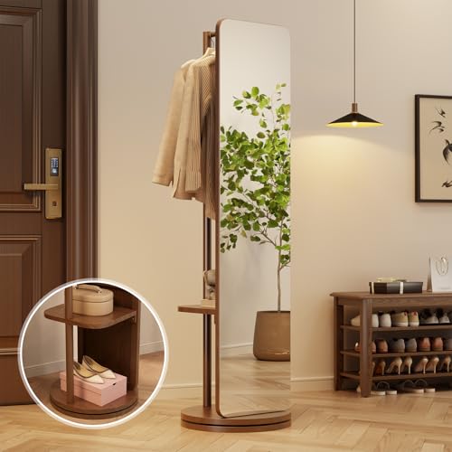 Image of WoodsWhisper Full Length Mirror Coat Rack Solid Wood Floor Mirror 66 inchx12 inch Full Length Mirror with Stand Long Mirrors for Bedroom,Living Room (Deep Walnut, 70 inch L x 16 inch W)