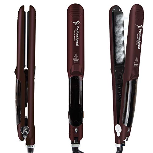 Steam Straighteners for Hair, Professional Salon Ceramic Tourmaline Vapor Steam Flat Iron Hair Straightener and Curler, Dual Voltage 2 in 1 Straightening Curling, LED Display with Adjustable Temp.