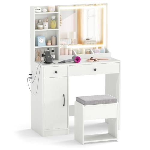 COSTWAY Dressing Table with LED Mirror and Stool, Makeup Tab