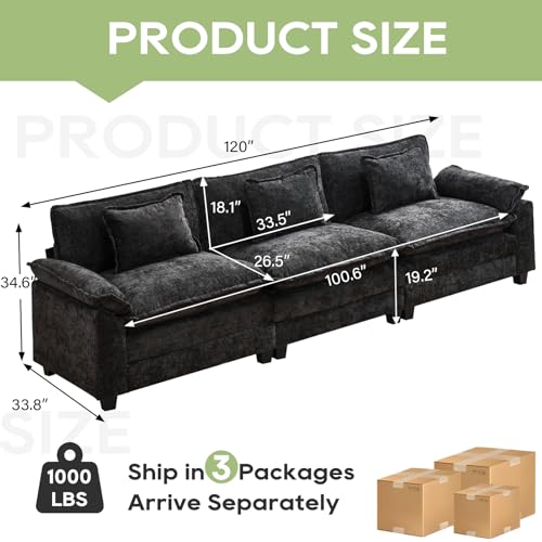 Image of Oprisen 120 inch Modular Sectional Sofa, Comfy Cloud Couch Sectional Sofa, Chenille Sofa Sleeper Deep Seat Sofa with Throw Pillows for Living Room (Black, 120 inch- 3 Seater)