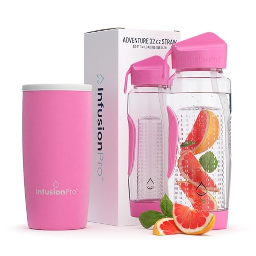 Infusion Pro 32 oz Fruit Infuser Water Bottle with Straw Lid : Insulated Sleeve : 50 Recipe Fruit Infusion eBook : Bottom Loading, Large Water Infuser for More Flavor : Unique Gift Idea