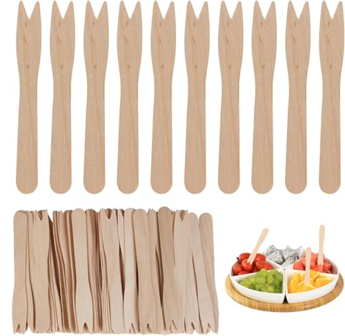 SHSHbuy 200 sztuk drewnianych widelców do frytek, bambusowy widelec, widelce do owoców, widelce koktajlowe, drewniane sztućce na imprezy, kemping, podróże i grill 8,5 cm