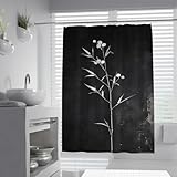 Cortina de Ducha Minimalista de bambú con Tallo y Flores Blancas Cortina de baño Poliéster Impermeable para decoración del baño Tela Extra Larga con Ganchos 90 x 180 cm