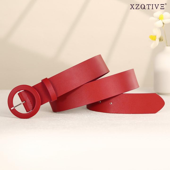 XZQTIVE Women's Wide Belt Fashion Candy Color Round Buckle Ladies Belt for Jeans Pants Dresses, Red(Fit Waist Size 24"-29")3