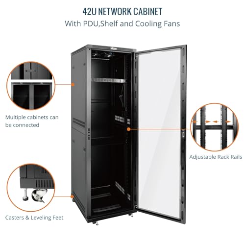 Image of Tecmojo 42U Server Rack Network Cabinet 23.6 inch D x 23.6 inch W, Locking Data Cabinet Enclosure for 19 inch Server, Networking, AV & IT Equipment, Clear Door, Black