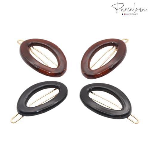 Parcelona French Eggie Oval Shell Black Mini Celluloid Acetate Side Slide Barrette Snap on Hair Clips - 4 Pieces - Image 7