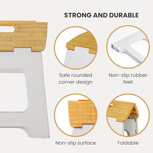 Image of Vigar Compact Folding Step Stool, 12-1 /2 in, Gray Bamboo Print | 12-1 /2 in Foldable Stool, Lightweight Portable Design, Handle, Non Slip Surface, Space-Saving, Supports up to 330 lb