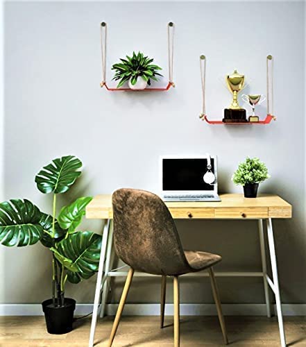 Image of Meshable Weebill Metal Wall Shelves | Wire Mesh Hanging Shelf for Home Decor | Multi Porpose Floating Shelf with Jute Rope | Durable, Modern & Stylish Wall Shelf - Single Tier (Red)