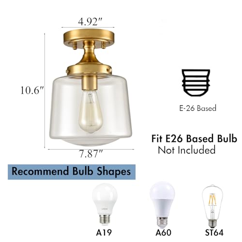Image of YUBOLE Gold Ceiling Light Mid Century mini Glass Schoolhouse Light Semi-Flush Mount, Clear Glass E26 Based for Kitchen Nurse Room