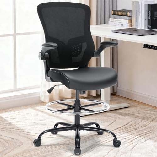 Image of Drafting Chair, Tall Office Chair with PU Leather Seat, Ergonomic Standing Desk Chair with Lumbar Support Counter Height Office Chair with Adjustable Footrest Ring Flip-up Armrests