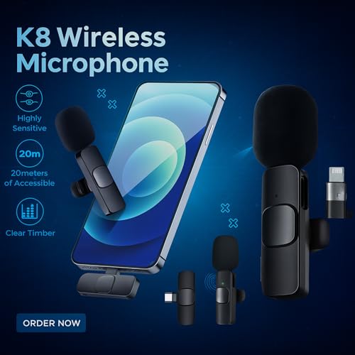 Image of Wireless Microphone 2-in-1 Lavalier Mic with Receiver for iPhone /Android Type-C Plug & Play Clip-On Mini Microphone for YouTube Vlogging, Zoom (K8-Mic)