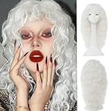 Salaibs White Curly Long Wig for Women with Bangs Fluffy Synthetic Natural Wavy Halloween Cosplay Hair Wigs