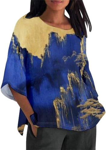 Womens Tops 3/4 Sleeve Japanese Art Print Cotton Linen Crewneck Summer Lounge Loose...