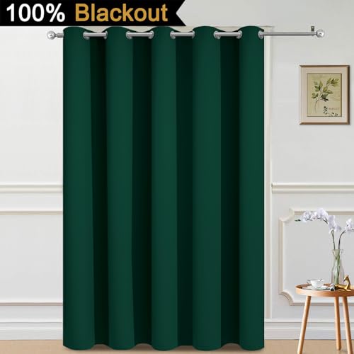 Image of Yakamok Dark Green Blackout Patio Door Curtain Panels W70 x L84, 1 Panel | Noise Reducing Barrier Panel for Sliding Glass Door, 2 Thick Layers Heat Full Light Blocking Patio Door Drapery