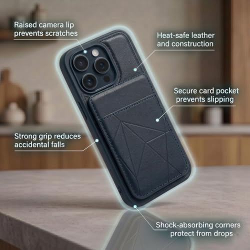 Image of amazon basics Premium Vegan Leather Back Cover with Card Holder and Integrated Mobile Stand for iPhone 15 Pro - Slim Shockproof Wallet Case with Geometric Stitching [Blue]