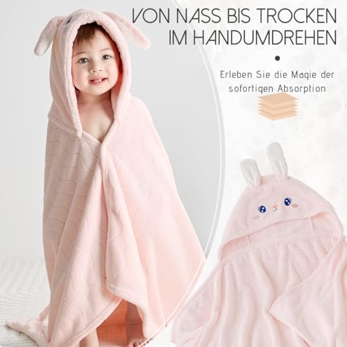 Image of Cute Animal Hooded Baby Towel Soft Coral Fleece Baby Towels with Hood Toddler Bath Towel Large 27 x 55 Inch Ultra Absorbent Hooded Bath Towels for Babies Baby Bath Towel（Pink