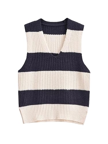 Mnjyihy Women's Knit Stretch Sweater Tank Top Women's Fashion Stripe Sleeveless V Neck Sweater Tank Top 01 S