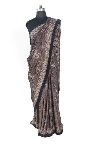 Image of Ethnics of Kutch Womenss Ajrakh Modal Silk Natural Dye Hand Block Print Saree with Blouse Piece - 5.5 Mtr Length