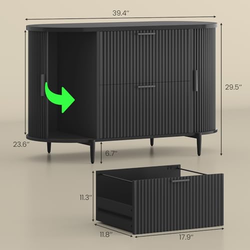 SEDETA 39.4" Filing Cabinet for Home Office, 2 Drawer File Cabinet, fit Legal/Letter/A4 Size, Modern Fluted Filing Cabinets with 2 Sliding Door Storage, Printer Stand, Black - Image 2