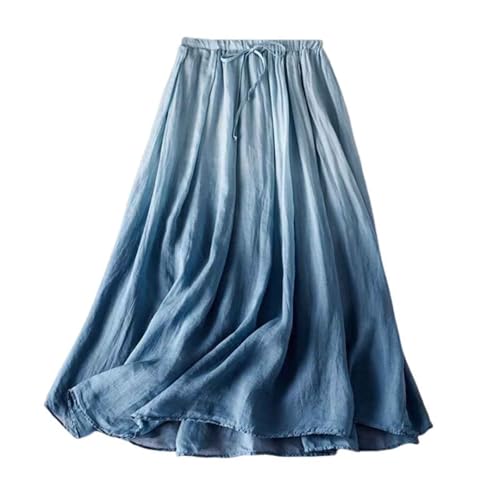 Flowing Skirts Women's Summer Casual Solid Color Linen A-Line Elastic Waist Skirt Pleated Hem Ribbed Waist Knee-Length Skirt