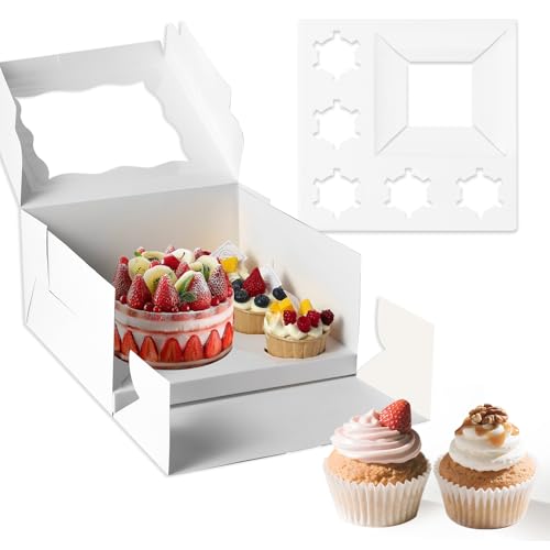 CHENZEM 10 Packs Bento Cake and Cupcake Box 6 Holes Fit 5 Cupcakes and 1 Mini Cake Box with Clear Window and Stickers for Father ‘s Day Birthday Party Bakery Baking Supplies. (1+5/10pcs)