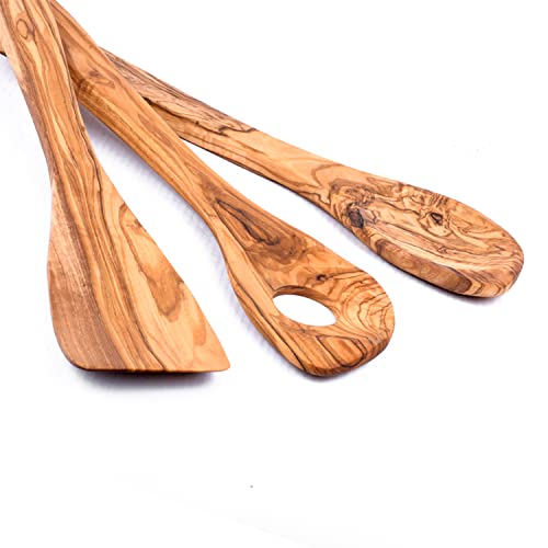 hochwertiger 3 Kochlöffel - 3 Set aus Olivenholz - rund + mit Ecke +Pfannenwender