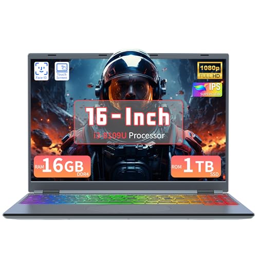 AocBook Laptop con pantalla táctil de 16 pulgadas IPS de alta definición, procesador i3-8109U, 16 GB de RAM, SSD de 1 TB, teclado retroiluminado RGB, reconocimiento facial, apertura y cierre de 180