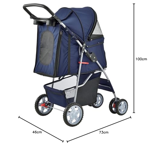 pro.tec Hundewagen 'Niceville' Pet Stroller Hundebuggy Regenschutz zum Schieben Roadster inkl. Einkaufstasche Blau