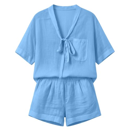 Conjunto de lino para mujer de 2 piezas con camiseta de lazo y pantalones cortos 3