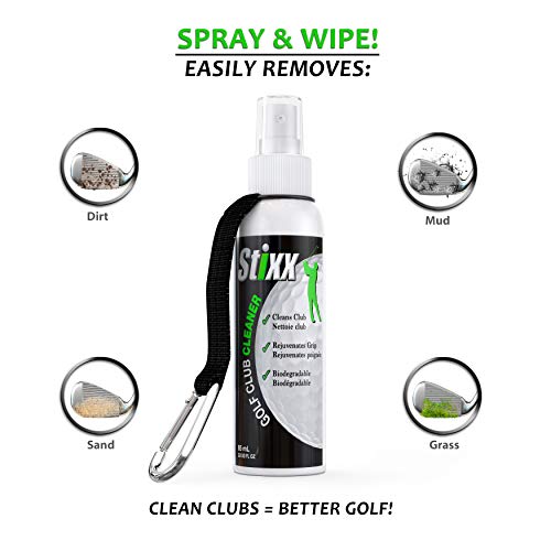 STIXX Golf Club & Grip Cleaner - Best for cleaning all types of clubs, irons & drivers. Cleans & Rejuvenates grips. Restores their natural tackiness. Just spray & wipe. Clean Clubs = Better Golf!