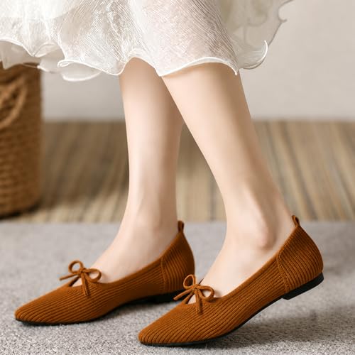Image of TINGRISE Women's Pointed Toe Flats Comfortable Knit Ballet Shoes Washable Dressy with Bow Business Casual Work Shoes