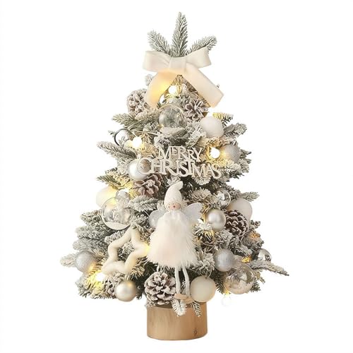 Cikiki Mini Artificial Christmas Tree with LED String Lights, 18 Inch Star Topper and Hanging Ornaments Tabletop Christmas Tree for Holiday DIY Decorations