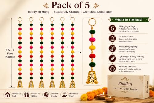 Image of Bindian Pom Pom Beads & Golden Bell Toran for Main Door, Pack of 5 Door Hanging Decorative Items, Home Decor Wall Hanging Decoration, Pooja Room Decor, Festival Decoration