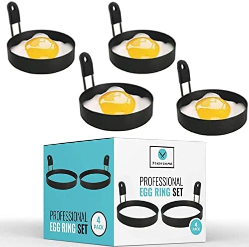 JORDIGAMO Professional 4 Pack Egg Ring Set For Frying Shaping Eggs - Round Egg Cooker Rings For Cooking - Stainless Steel Non Stick Mold Shaper Circles For Fried Egg McMuffin Sandwiches