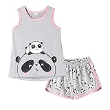 MyFav Girls Summer Pajamas Kid Cute Panda Sleepwear Tank Top and Shorts Sleepover Set Clothes, Grey, 14Y