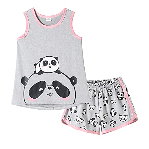 Myfav Girls Summer Pajamas Kid Cute Panda Sleepwear Tank Top And Shorts Sleepover Set Clothes, Grey, 14Y #TOP4