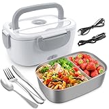 AsFrost Hot Lunch Box for Adults, 80W Fast Electric Lunch Box, 3 IN 1 Leakproof Lunch Electric Box Food Heater for 12/24/110V Car, Truck, Office Use, Food-Grade SS Container Heated LunchBox - Grey