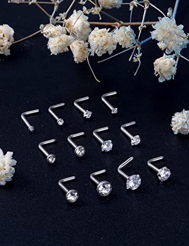 18G 20G 22G 24G Nose Rings Studs 316L Surgical Steel L Shaped Nose Nostril Studs Piercing Jewelry for Women Men Silver Gold Black CZ 1.5mm 2mm 2.5mm 3mm 3.5mm 4mm3