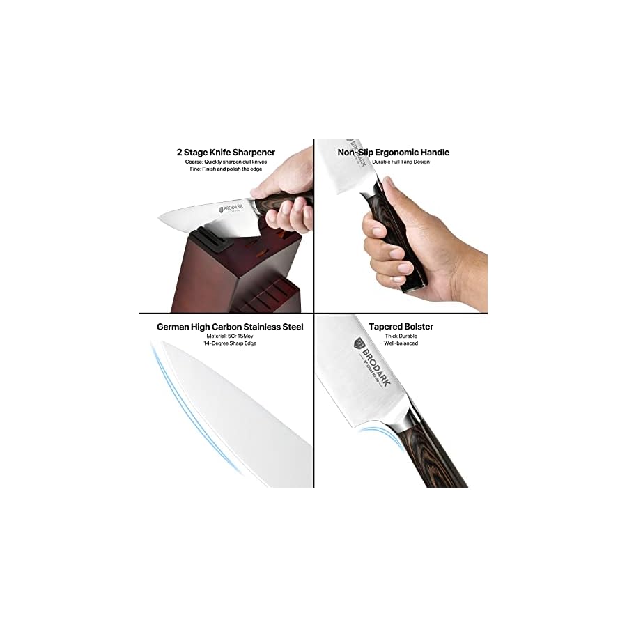 BRODARK-Kitchen-Knife-Set-with-Block-Ultra-Sharp-15-PCS-German-Stainless-Steel-Professional-Chef-Knife-Set-with-2-Stage-Knife-Sharpener-Ergonomic-Handle-Full-Tang-Forged-Gift-with-Premium-Box 15 Piecs Knife Block Set: Ultra Sharp Kitchen Knife Set with Block and Sharpener, German Stainless Steel Professional Chef Knife Set with Ergonomic Handle, Full Tang Design