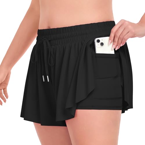 COOTRY Plus Size Flowy Athletic Shorts for Women 2 in 1 High Waist Butterfly Shorts Workout Running Tennis Skirt Summer4