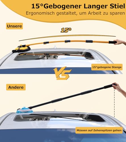 15° Bogen Autowaschbürste mit Stiel 144CM Aluminium Auto Waschbürste mit Teleskopstiel, Kratzerfreie Reinigungsbürste für Auto LKW Wohnwagen SUV Wohnmobil, Teleskop Waschbürste mit 2 Mop-Köpfen