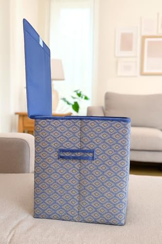 Image of QUAIL Non Woven Foldable Jute Printed 75 Liter Laundry Basket with Lid - Durable & Collapsible Storage Bag for Clothes, Toys & Washing Items (Blue Golden, Set of 2)